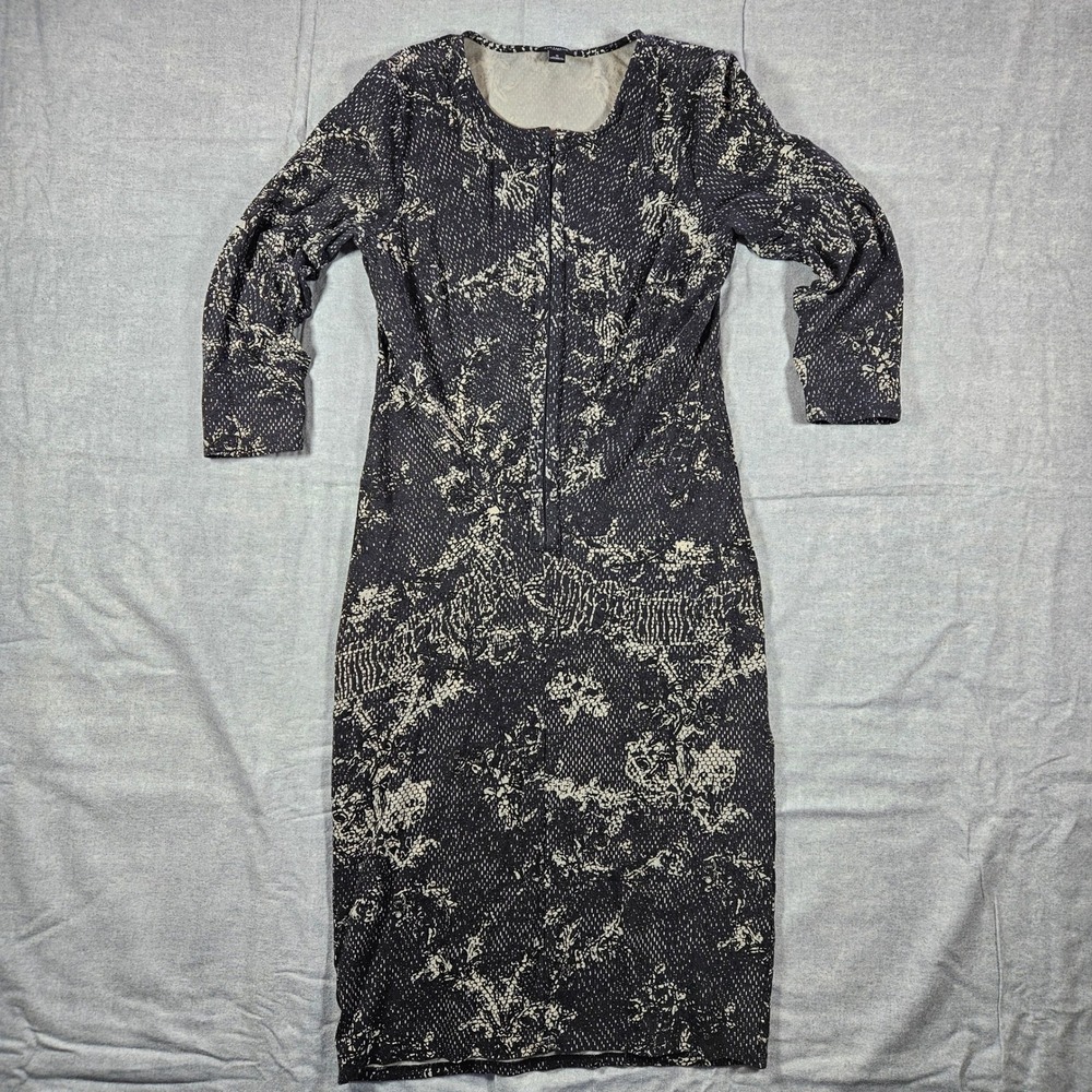 Ann Taylor Black Cream Abstract Floral Knit Sheath Dress Front Zip Long Sleeve 8